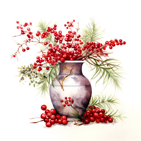 Watercolor vase with rowan branches and berries on a white backgroundの素材