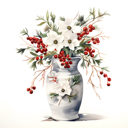 Bouquet of white and red flowers in a vase.の素材