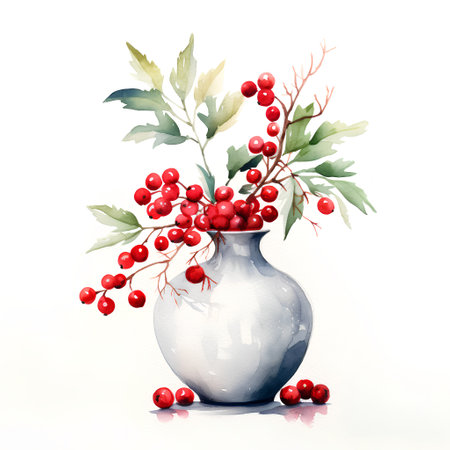Vase with holly berries on a white background. Watercolor illustration.の素材