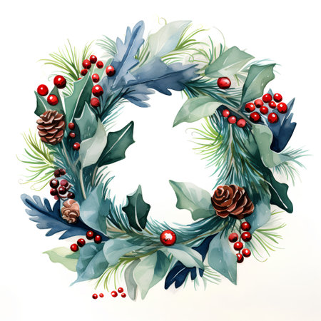 Watercolor Christmas wreath with fir branches, holly berries and pine cones. Hand drawn illustration.の素材