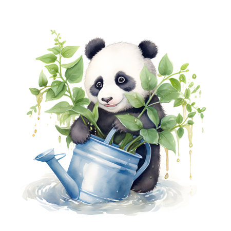 Watercolor panda with watering can and plant. Hand drawn illustrationの素材