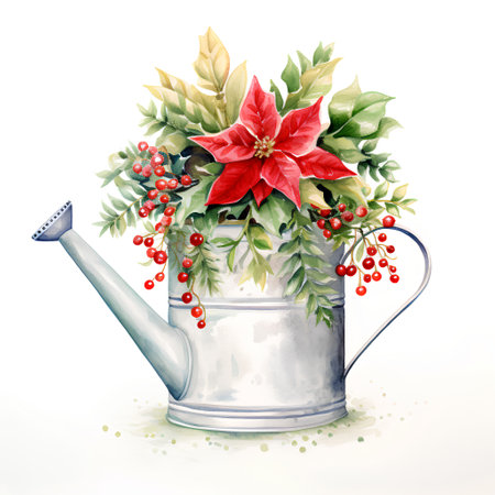 Watercolor Christmas bouquet with poinsettia in a watering can.の素材