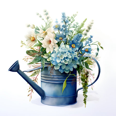 Watercolor bouquet of spring flowers in blue watering can on white backgroundの素材