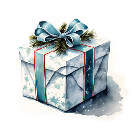 Watercolor christmas gift box with blue bow. Hand drawn illustrationの素材