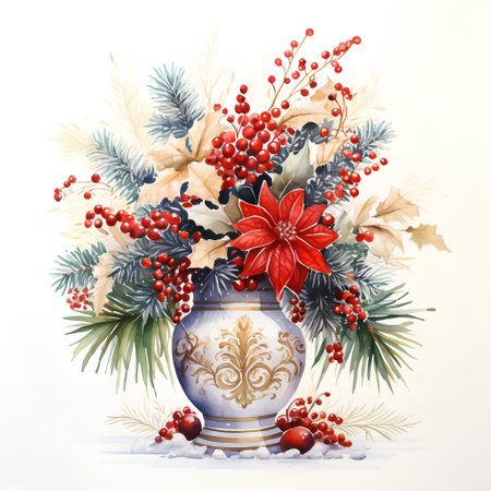Watercolor Christmas bouquet with poinsettia, holly, pine branches, pine cones and berries.の素材