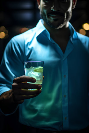 Barman holding a glass of alcoholic cocktail with lime and ice.の素材