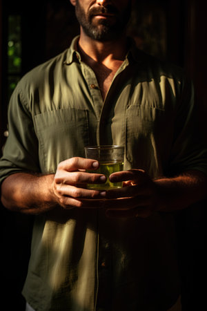 Handsome bearded man holding a glass of absinthe.の素材