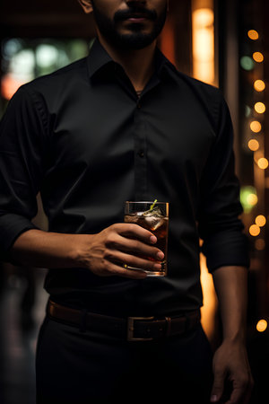 Cropped image of a barman holding a glass of whiskey.の素材