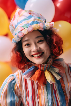 cheerful young asian woman in clown costume smiling at cameraの素材