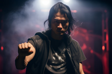 Portrait of a handsome young man in action on a dark backgroundの素材
