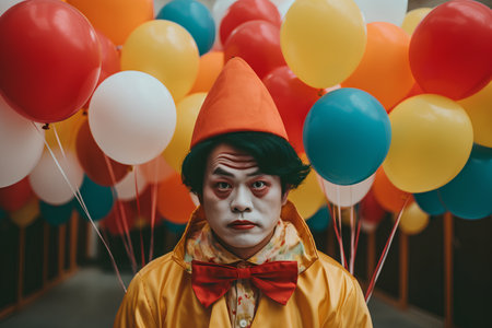 Portrait of a funny clown with colorful balloons in the background.の素材