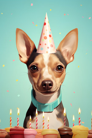 Cute chihuahua dog with birthday cake and candles on blue backgroundの素材