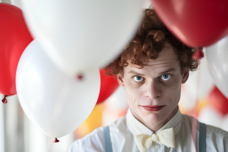 Portrait of a red-haired man with balloons in the backgroundの素材