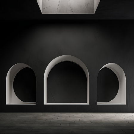 interior with black wall and white arches, 3d renderの素材