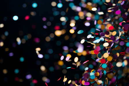 Abstract bokeh background of multicolored confetti on black backgroundの素材