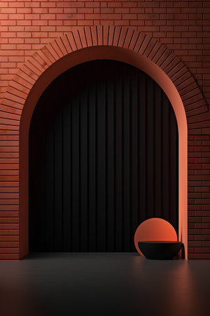 3d render of empty stage with black arch and red brick wallの素材