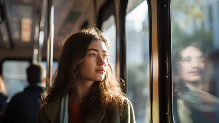 Portrait of a beautiful young woman in a train, looking awayの素材