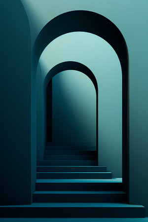 3d illustration of stairs in a dark blue room with archesの素材