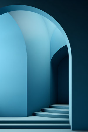 Blue stairway with arch on blue background. 3d render illustrationの素材