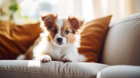 Portrait of cute little dog Papillon sitting on sofa at homeの素材