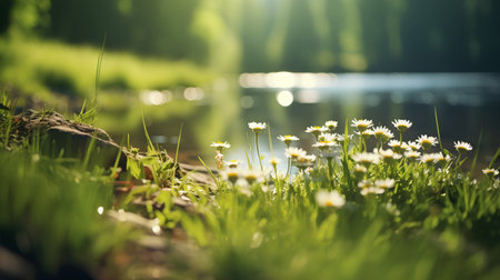 Spring meadow with daisies and bokeh background.の素材