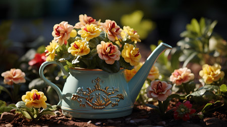 Beautiful spring flowers in a watering can on a blurred background.の素材