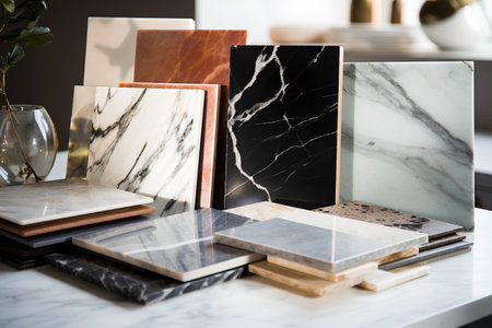 Close up of modern marble countertop in luxury home decor store.の素材