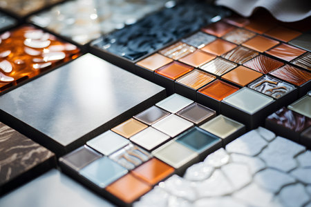 Closeup of a set of different colors of mosaic tiles. Selective focus.の素材