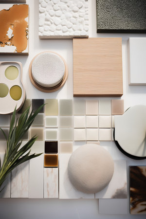 Set of decorative objects for interior design. Soap, brushes, palette, paintbrushes, green plant on white background.の素材