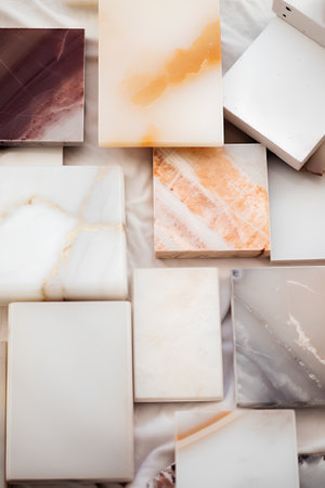 Variety of handcrafted marble in different shapes and sizes. Selective focus.の素材