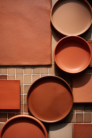 Ceramic plates on a brown background. 3d rendering.の素材