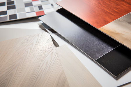 Close-up of a selection of laminate flooring samples.の素材