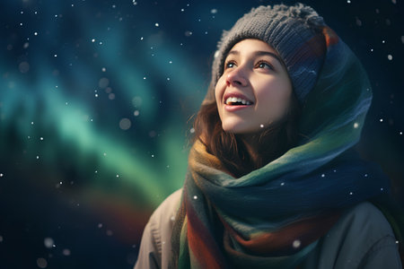 Beautiful young woman wearing winter clothes against a night sky with starsの素材