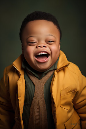 Portrait of a laughing african american little boy in yellow coatの素材