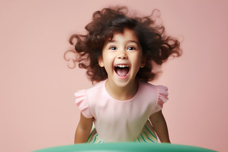 Surprised little girl with curly hair on a pink background.の素材