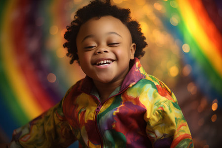 Smiling african american girl in rainbow hoodie on rainbow backgroundの素材