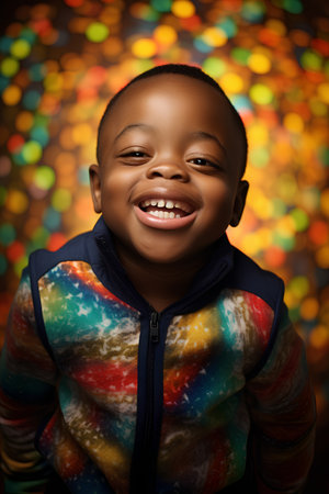 Portrait of a cute african american little boy smiling against a colorful backgroundの素材