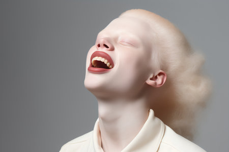Portrait of a beautiful young woman with hair blowing in the windの素材