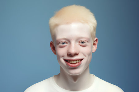 portrait of young man with freckles on his face on blue backgroundの素材