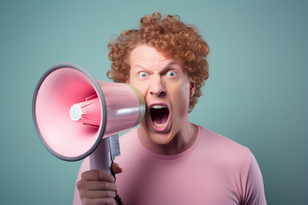 Surprised young man shouting through megaphone on blue backgroundの素材