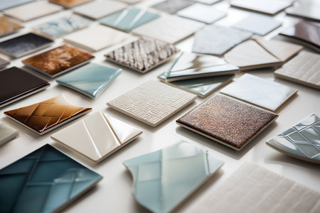Samples of ceramic tiles in different colors, close-up.の素材