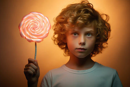 Cute little boy with lollipop in hand. Studio shot.の素材