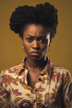 Young african american woman with afro hairstyle and blouse on yellow backgroundの素材