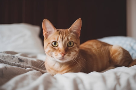 Cute ginger cat lying on the bed in the morning at homeの素材