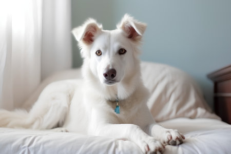 White Swiss Shepherd dog on the bed at home. Selective focus.の素材