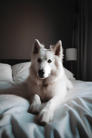 Beautiful white Samoyed dog lying on the bed at homeの素材