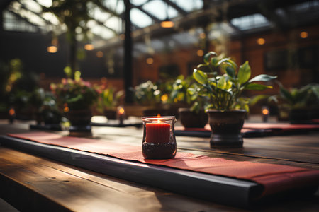 Aroma candle in a glass on a wooden table in a restaurantの素材