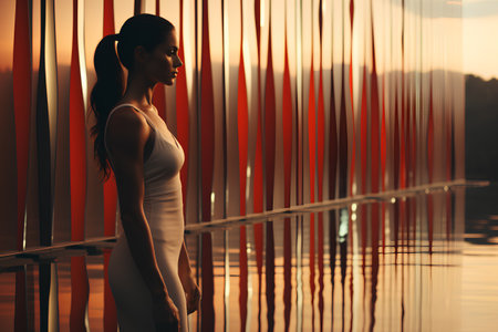 Beautiful young woman standing on the balcony and looking at the sunsetの素材