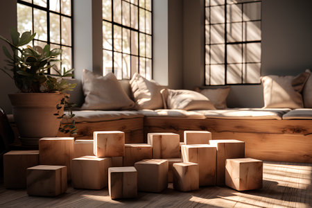 3d rendering of wooden cubes in a living room with a sofaの素材