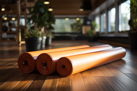 Yoga mat on a wooden floor in a gym. 3d renderingの素材